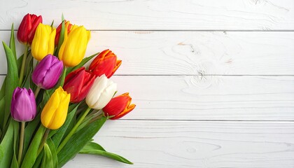 Colorful Bouquet of Fresh Tulips on White Wooden Background.