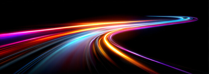 Transparent neon speed lines flow across a night city highway. Glowing light trails and curls visualize fast motion and digital acceleration. Futuristic abstract design in vector.