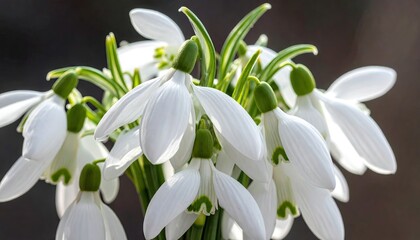 Close up of delicate white snowdrop flowers blooming in spring season.
