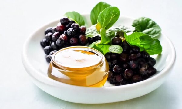 Madu di pot kaca, bluberi, Rosemary yang di sajikan bersama 