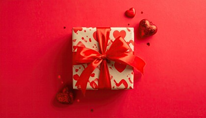 Top view of a romantic Valentines Day gift box with red hearts and bow.