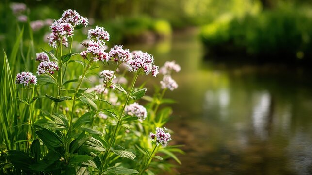 valerian. Cluster of valerian plants with pink-white flowers growing by a stream. gardening catalogs, home-decor guides, designed for home decor and floral branding, used by software engineers.