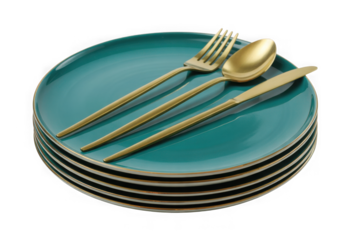  A stack of teal plates with gold trim and gold cutlery isolated on transparent background.