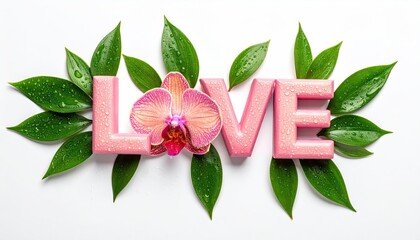 Pink 3D LOVE letters with orchid and wet green leaves on white background.