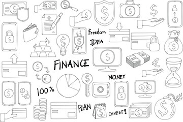 Money Related Doodle vector set. Drawing sketch illustration hand drawn line eps10