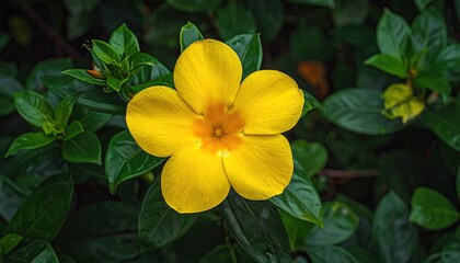 Vibrant Yellow Flower with Orange Center Amidst Lush Green Foliage.