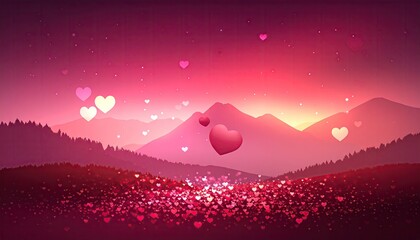 Romantic pink mountain landscape with floating hearts and sparkling water at sunset.