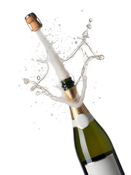 Champagne bottle popping open with flying cork and splashing liquid, symbolizing celebration, success, and festive party moments, isolated on white or transparent background. PNG format.
