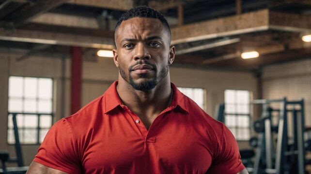 Muscular Black man posing confidently in a modern gym with a serious expression