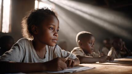 Children in an African classroom learning about geography, looking at maps and educational materials. Lack of school supplies. Black African children from disadvantaged families learn in school,