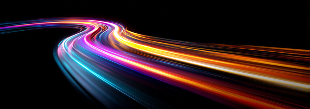 Neon speed lines twist and swirl across a futuristic night street. Flowing ribbons of light highlight acceleration and energy streams. Modern digital illustration presented in vector.