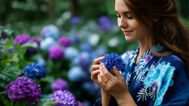 Faceless woman in kimono with hydrangea ajisai pattern during rainy season, June flowers, defocused blue and purple blooms, with copy space