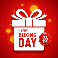 White Gift Box with Red Ribbon on Red Background for Boxing Day Sale