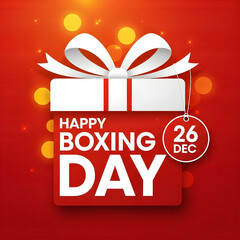 Red Gift Box with White Ribbon Celebrating Boxing Day on December 26 on a red Background