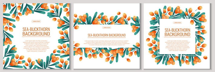 A set of colorful backgrounds with sea buckthorn twigs and berries. The concept of autumn, tea drinking. Vector illustration for the design of posters, flyers, postcards and invitations © Liubov