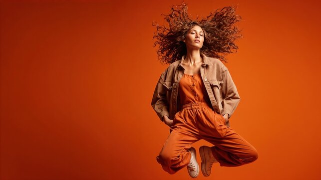 Young woman with curly hair jumps dynamically, expressing energy and style