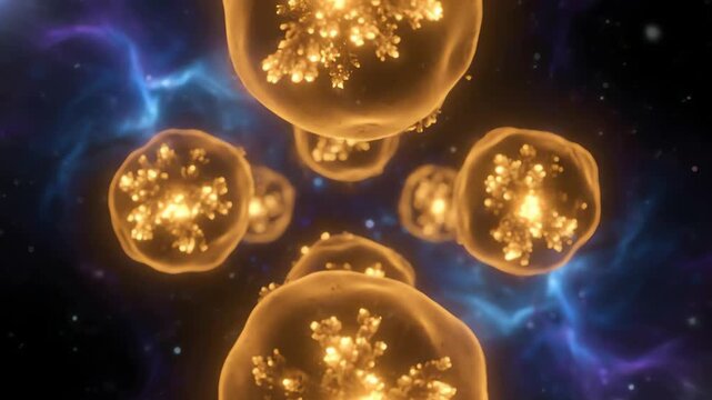 A captivating journey through glowing multiverse cells floating in a deep space nebula background