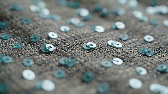 A detailed close up of shimmering turquoise sequins elegantly sewn onto a textured gray fabric background.