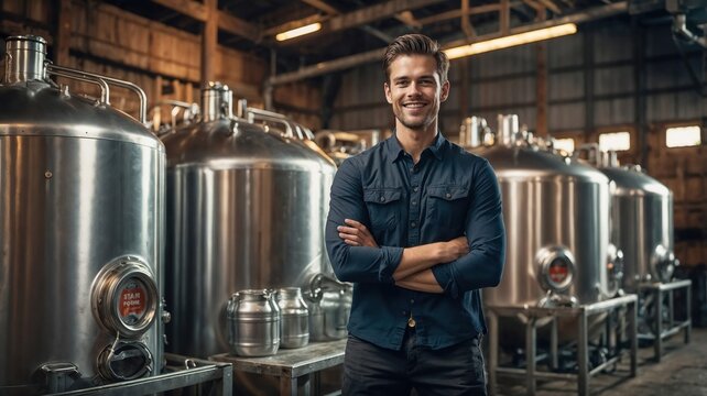 Confident brewer smiling in modern craft brewery