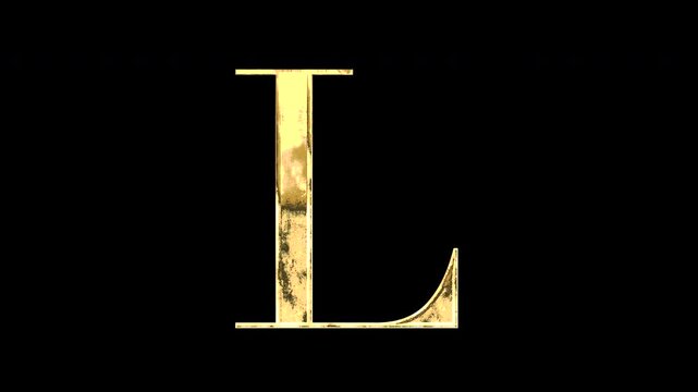 Gold uppercase alphabet &ldquo;L&rdquo;, Serif, light reflecting and patterns shifting, alpha channel