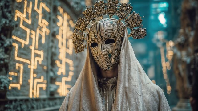 Mysterious figure wears an ornate circuit board mask in a glowing temple