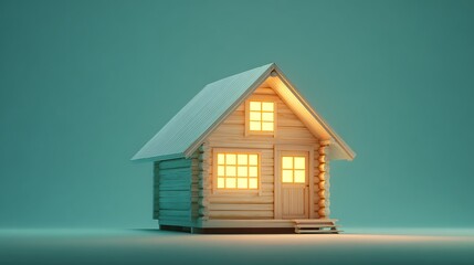 Miniature wooden log cabin glows warmly against a cool teal background symbolizing cozy home ownership and retreat