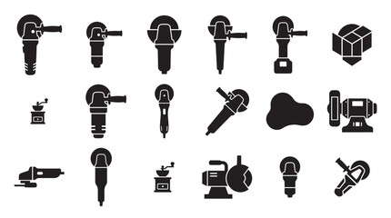 Obraz premium Collection of black angle grinder icons and other power tool silhouettes for construction and repair work, presented in a clean minimalist glyph style as a vector set