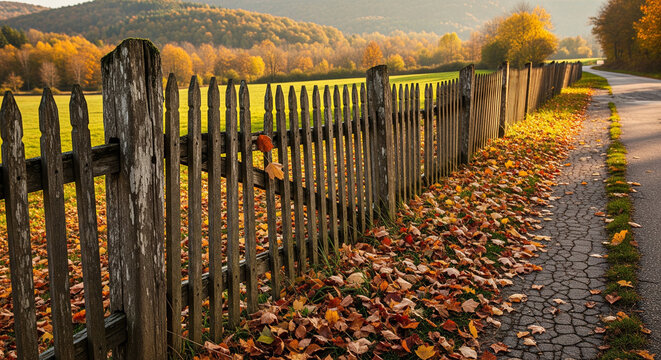A peaceful rural road during autumn, lined with a rustic wooden picket fence and vibrant golden trees - Powered by Adobe