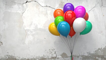 A vibrant bunch of colorful balloons floats against a textured, cracked concrete wall.