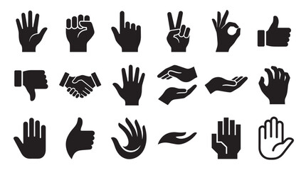 Collection of black vector hand gesture icons showing various communication signs and symbols including like, dislike, peace, ok, pointing, fist, and a handshake