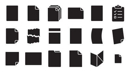 Collection of black document and paper icons in a minimalist glyph style, showing various file types like sheets, folders, checklists, and torn pages for user interface design