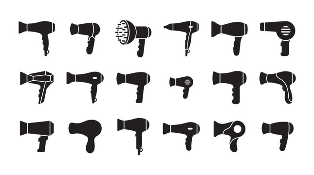 Collection of black hair dryer silhouettes in various shapes and designs, including a diffuser model, presented as a minimalist icon set for beauty and salon concepts