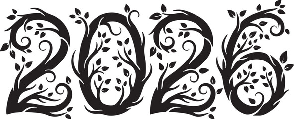 Artistic 2026 New Year Number Silhouettes with Floral Branches on White Background
