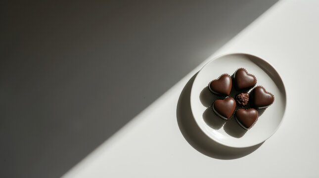 Heart-shaped chocolates on a white plate under dramatic lighting, creating a minimalist and romantic composition.