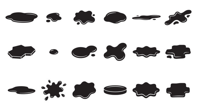 Collection of black liquid spill, puddle, and splatter shapes in a simple graphic icon set showing various forms of drips, drops, and blots in a minimalist silhouette design