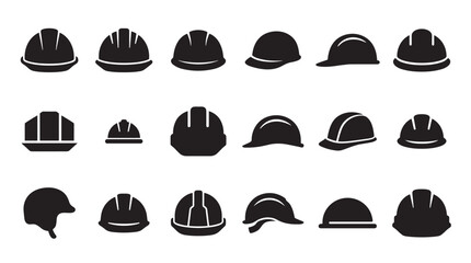 Collection of black hard hat icons in various shapes and styles for construction and industrial safety, presented as a simple vector silhouette set for graphic design elements