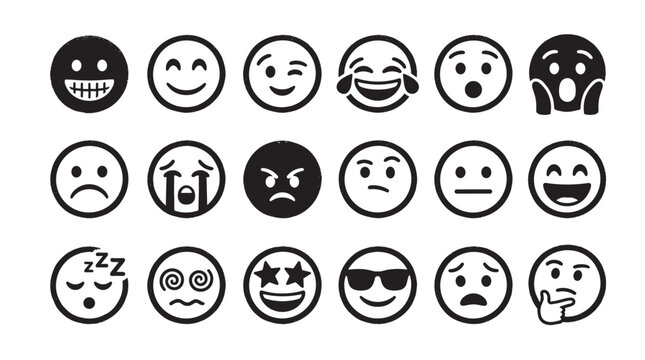 Collection of black and white emoticons with a hand-drawn, textured style showing a wide range of human emotions like happy, sad, angry, laughing, and crying