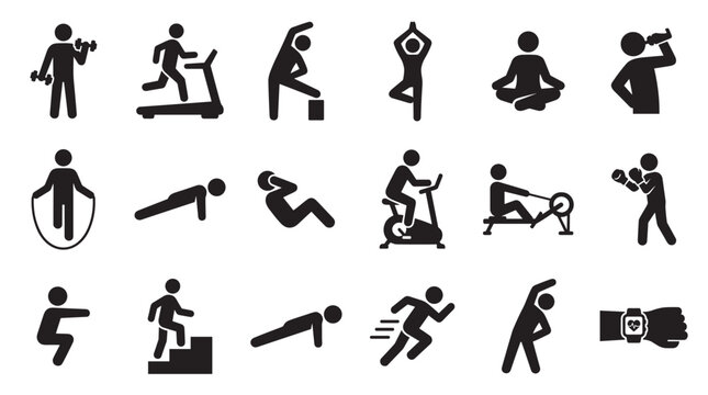 Set of black fitness exercise icons showing people working out, running, stretching, doing yoga, and weightlifting in a simple pictogram style for health and wellness concepts