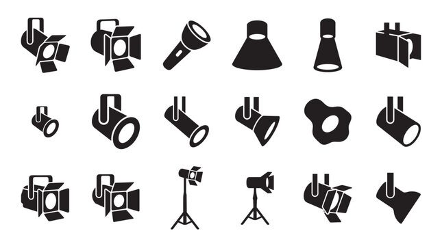 Set of black silhouette stage light icons featuring various spotlights, lamps, and a flashlight representing professional lighting equipment in a minimalist graphic style