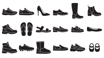 Diverse collection of black shoe silhouettes featuring various types of men's and women's footwear, including boots, sneakers, sandals, and high heels in a simple graphic icon set