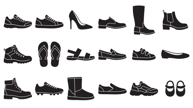 Diverse collection of black shoe silhouettes featuring various types of men's and women's footwear, including boots, sneakers, sandals, and high heels in a simple graphic icon set