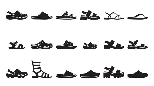 Collection of black summer footwear silhouettes including clogs, sandals, slides, and flip-flops presented as a minimalist vector icon set for fashion or casual wear concepts