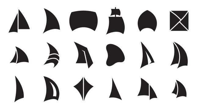 Set of black silhouette sail icons for sailboats and yachts, featuring various abstract and geometric shapes for maritime and nautical design elements in a clean graphic style