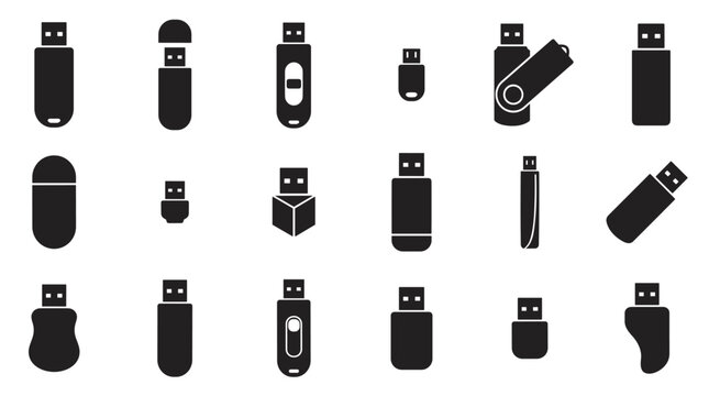 Black USB flash drive icon set featuring a diverse collection of minimalist glyphs and silhouettes representing various portable data storage devices and memory sticks