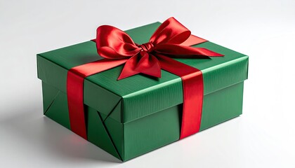 Fototapeta premium Beautifully Wrapped Green Gift Box with Red Ribbon and Bow.