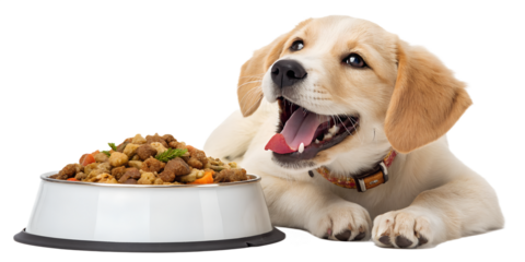 Cute happy dog eating food from a bowl with joy and appetite. Realistic pet lifestyle scene showing daily care, nutrition, and happiness. Isolated on transparent background, high quality PNG.