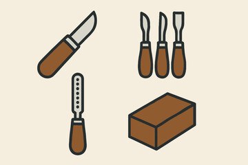 Set of woodcarving tools with block of wood for crafting and design