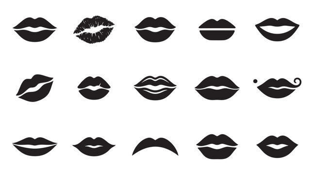 Set of black vector lip icons and a kiss print silhouette, showcasing various mouth expressions like smiles and pouts in a minimalist graphic design collection for beauty concepts