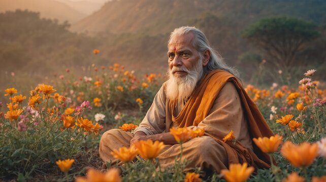 Elderly man sits peacefully in a vibrant flower field at sunset