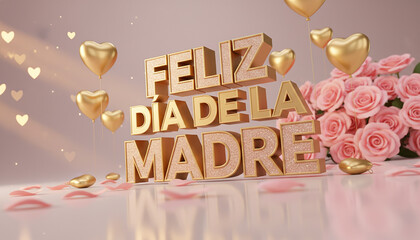 Golden Feliz Dia de la Madre text art with heart balloons, pink roses, and scattered petals creates a celebratory backdrop for Mother's Day greetings and wishes. 